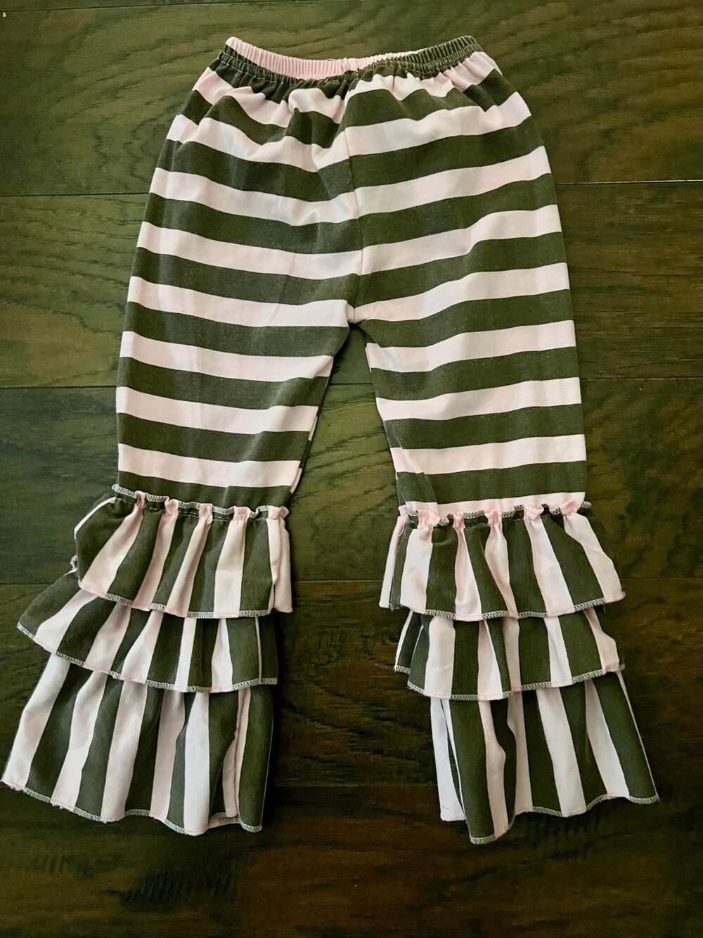 Smocked or Not Girls Pink and Grey Striped Triple Tier Ruffle Icing Pants